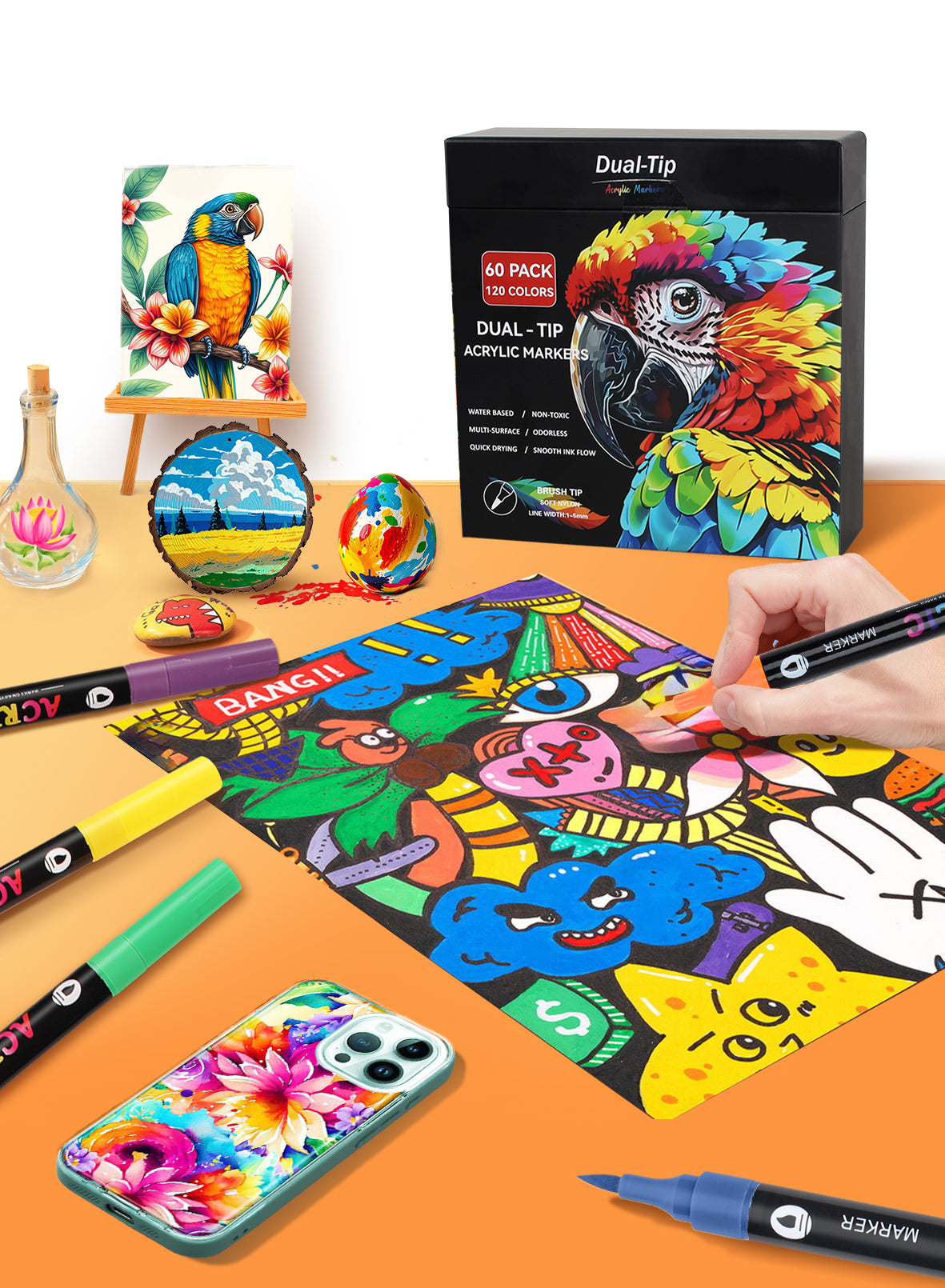 120 Colors Acrylic Paint Markers with 60 Dual-Color Brush Tips