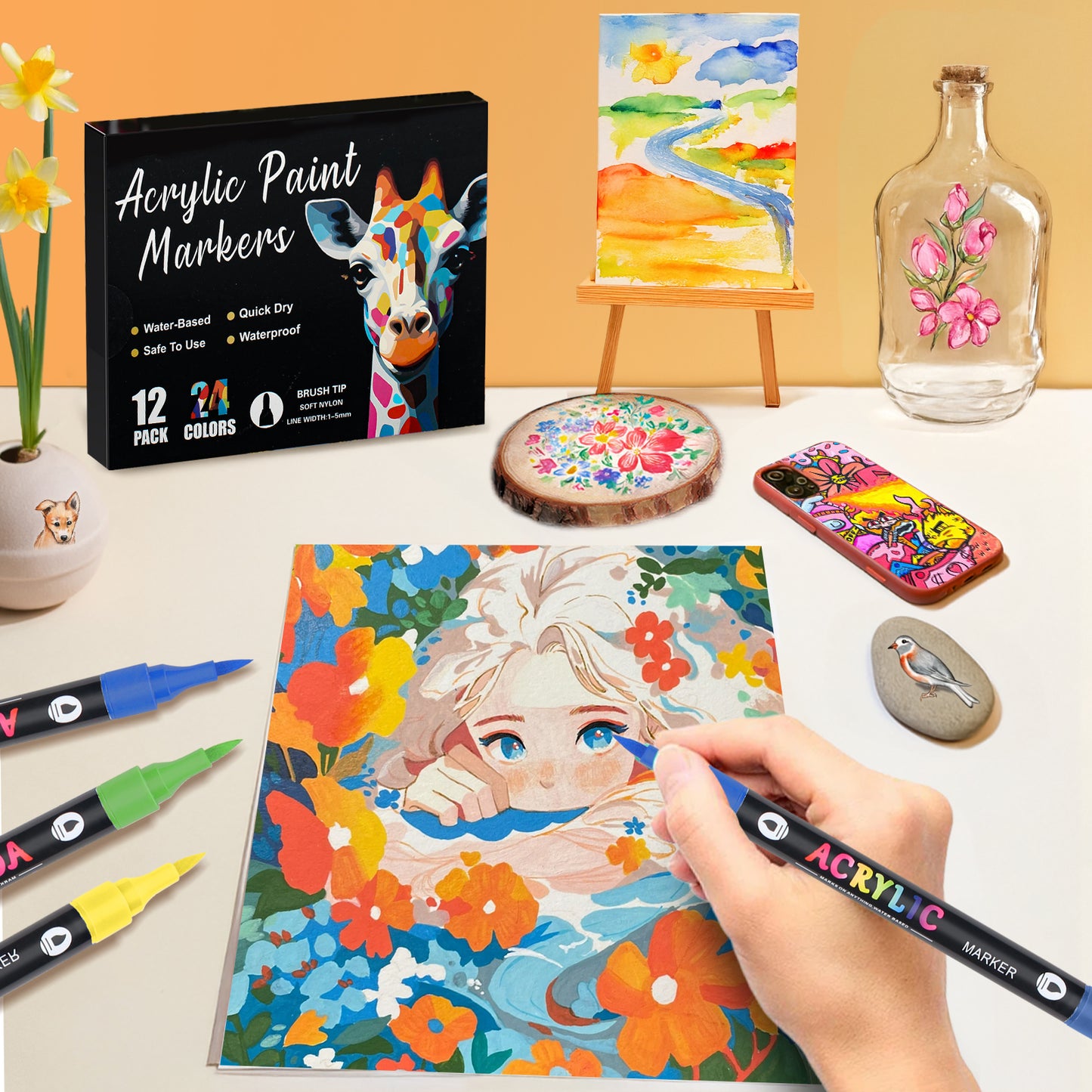 48 Colors Acrylic Paint Markers with 24 Dual-Color Brush Tips